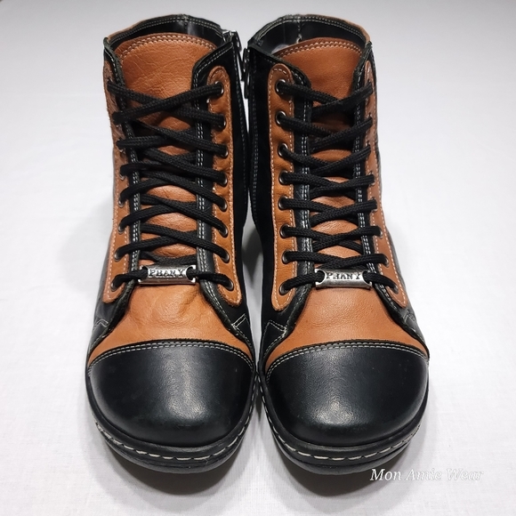 PHANY Genuine Leather Hightop Laceup Sneakers Tan & Black US6 - Picture 4 of 5